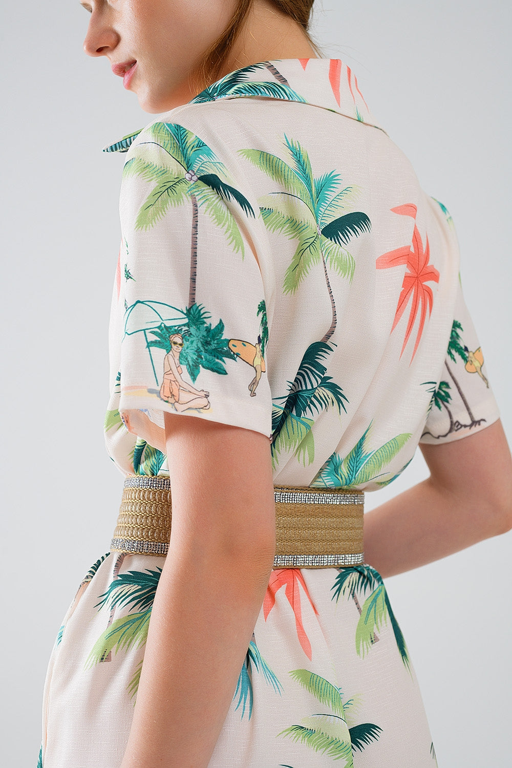 Cream Midi Dress with Beach Print and Polo Collar - dress