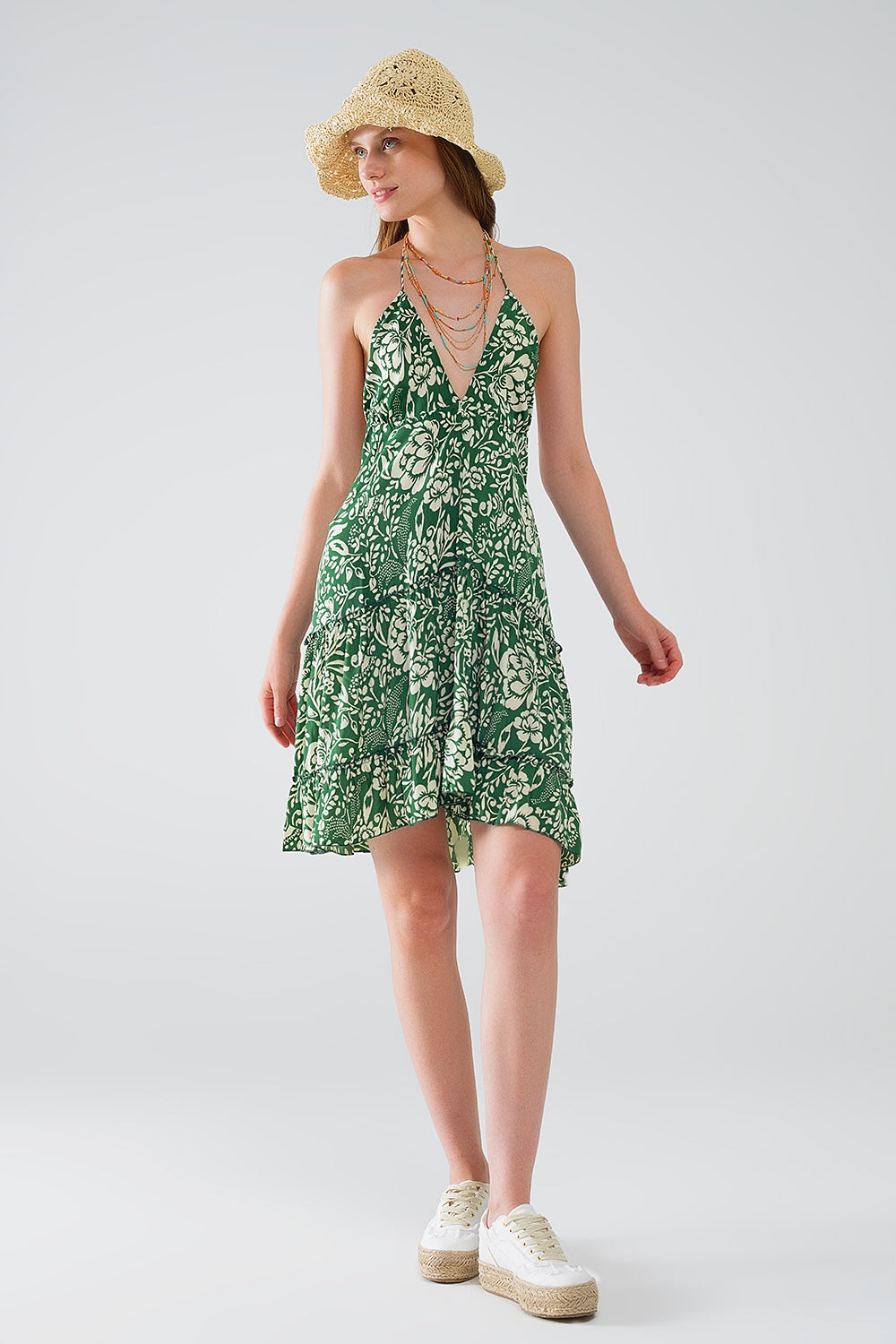 Green short boho style satin flower print dress - dress