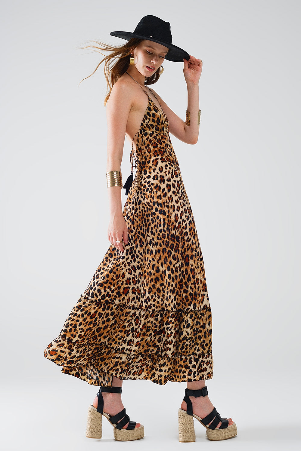 maxi leopard print boho dress with open back - dress