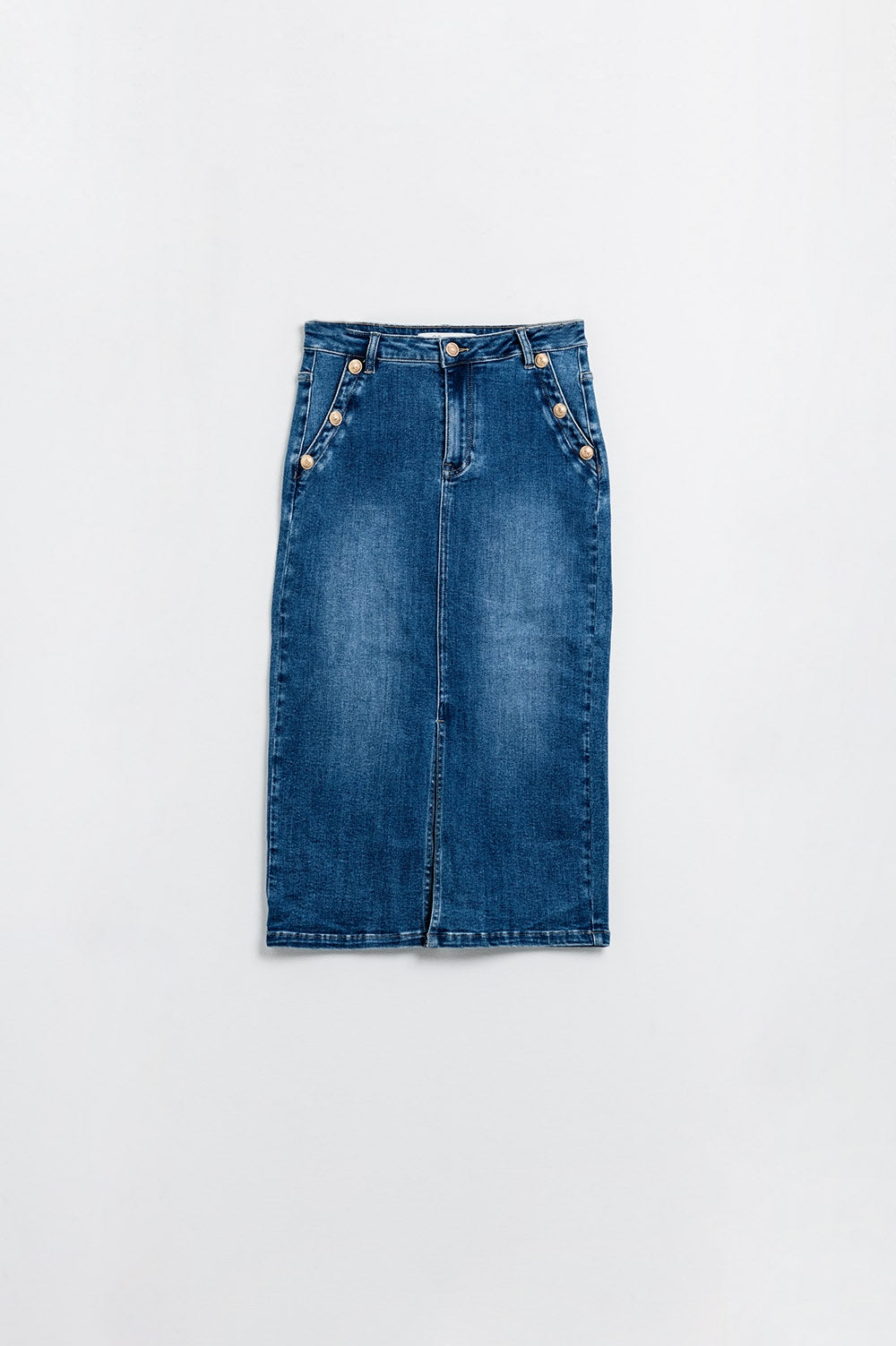 Stretch Denim Midi Skirt With Gold Button Details