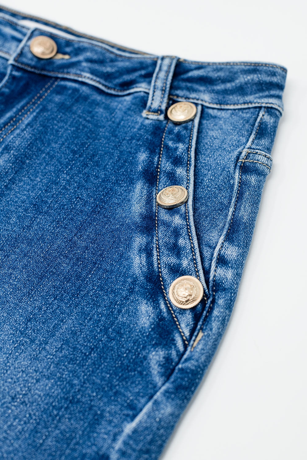 Stretch Denim Midi Skirt With Gold Button Details