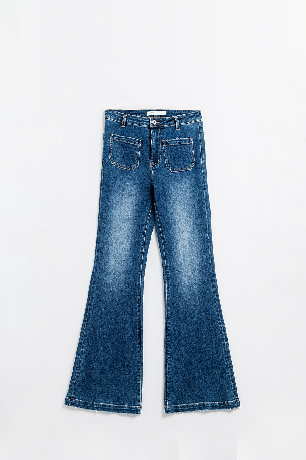 Dark Blue Flared Jeans with Front Pockets - Denim