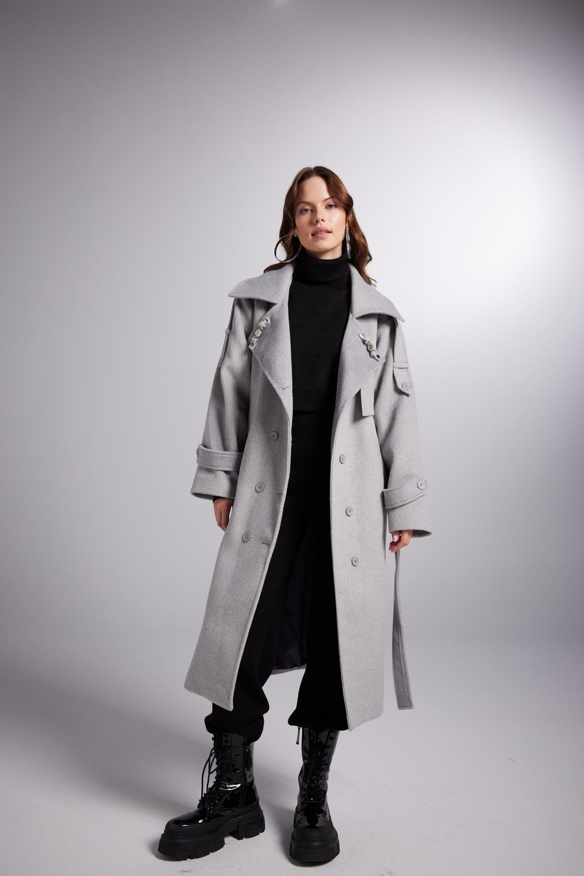 Accessorized Wool Blended Cashmere Maxi Woody Grey Coat - Trench Coats
