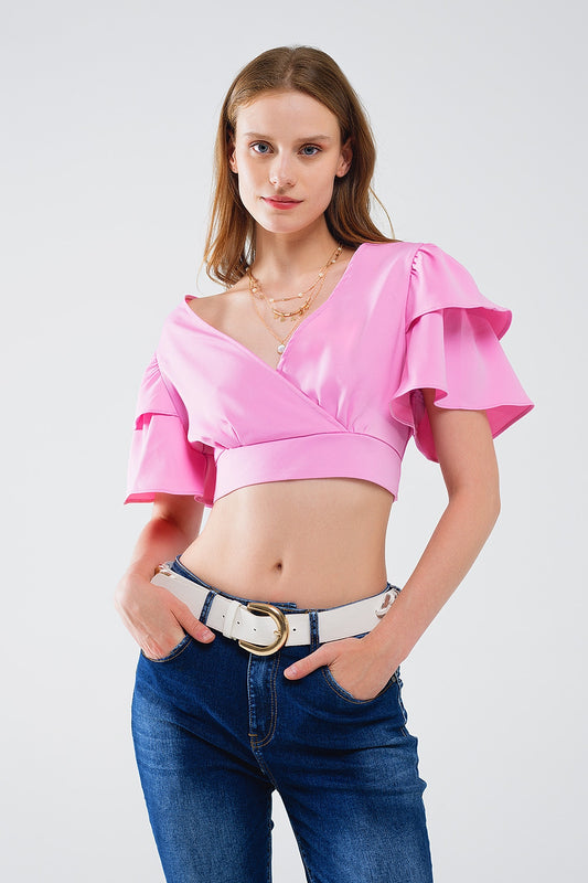 Pink Crop Top With Short Sleeves And V-neck - top