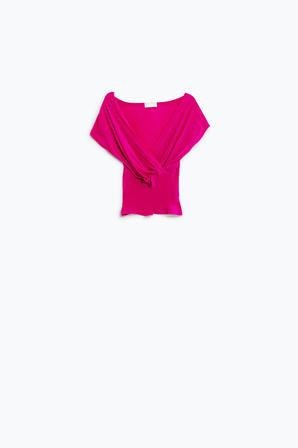 V-neck crossed drapped fitted top with cap sleeves in Fuchsia - top
