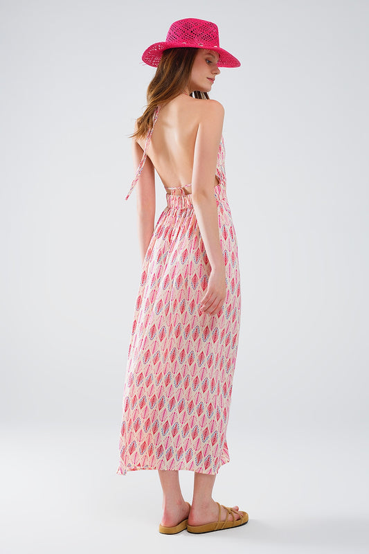 Maxi Summer Dress With Feather Print and Open Back in Pink - dress