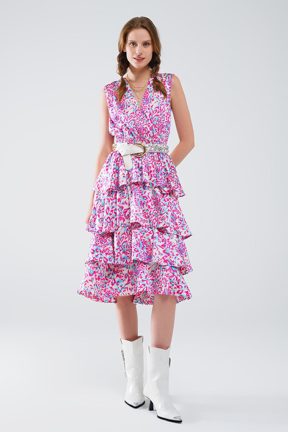Ruched Midi White Dress With Multicolored Animal Print - dress