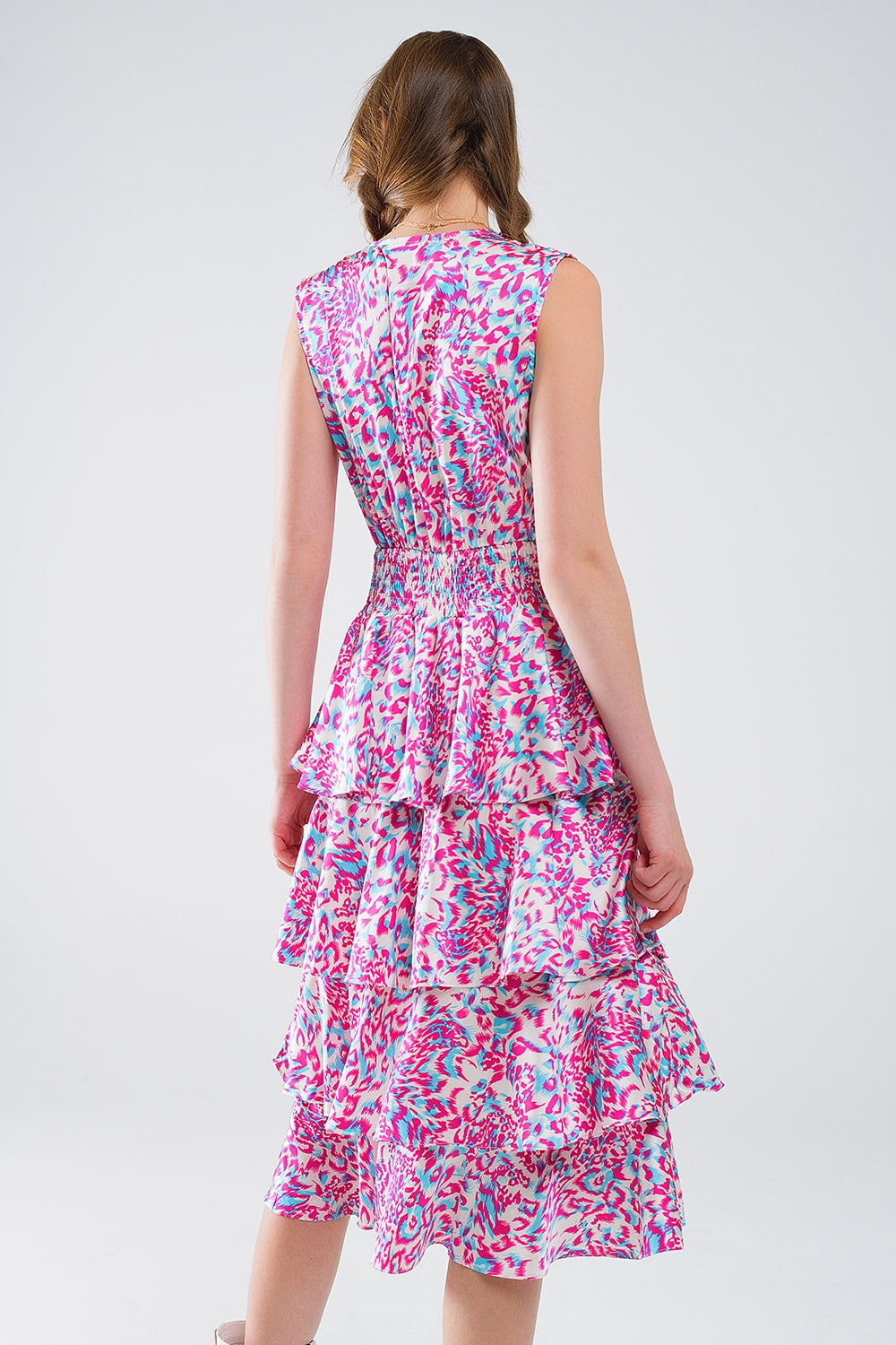 Ruched Midi White Dress With Multicolored Animal Print - dress