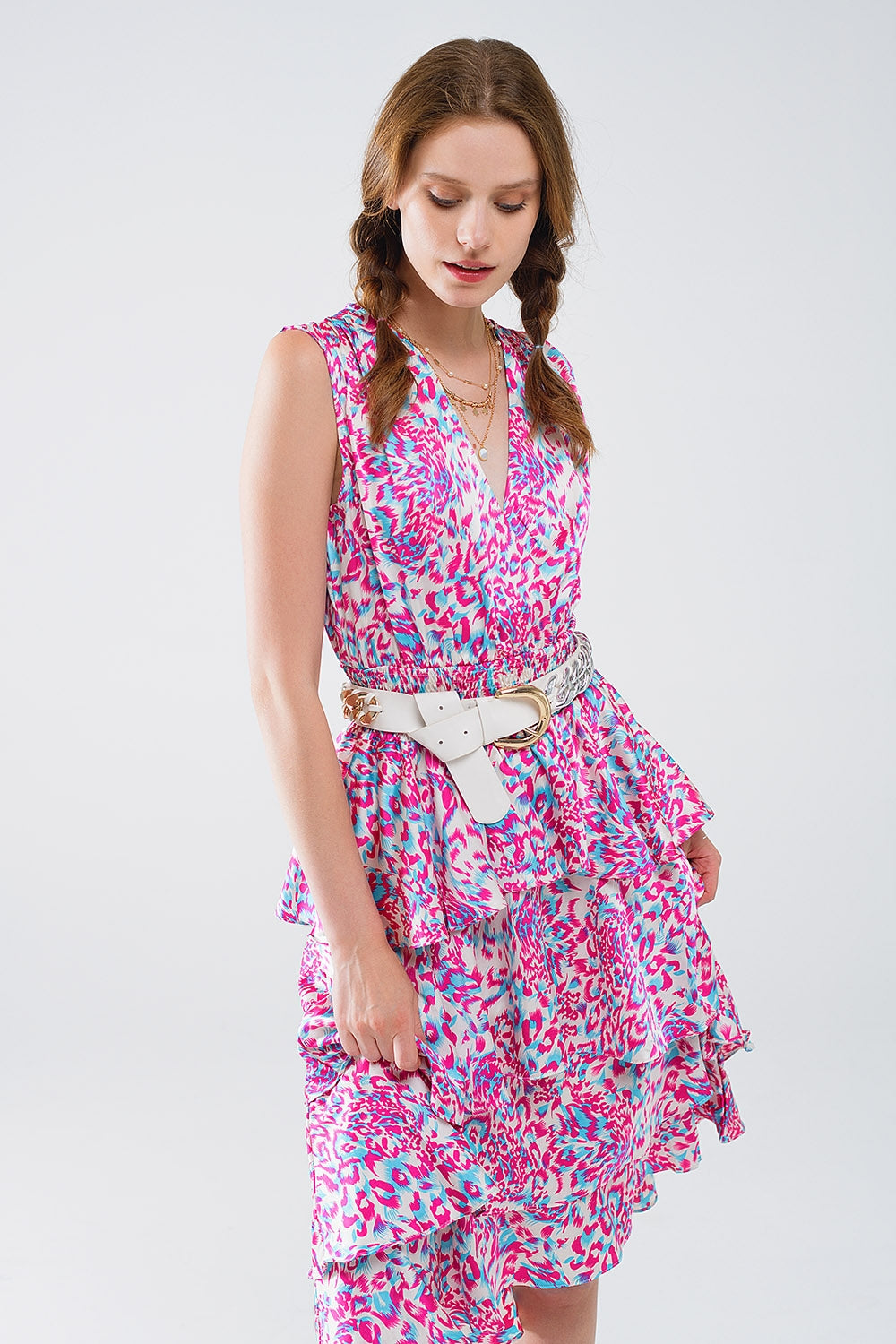 Ruched Midi White Dress With Multicolored Animal Print - dress