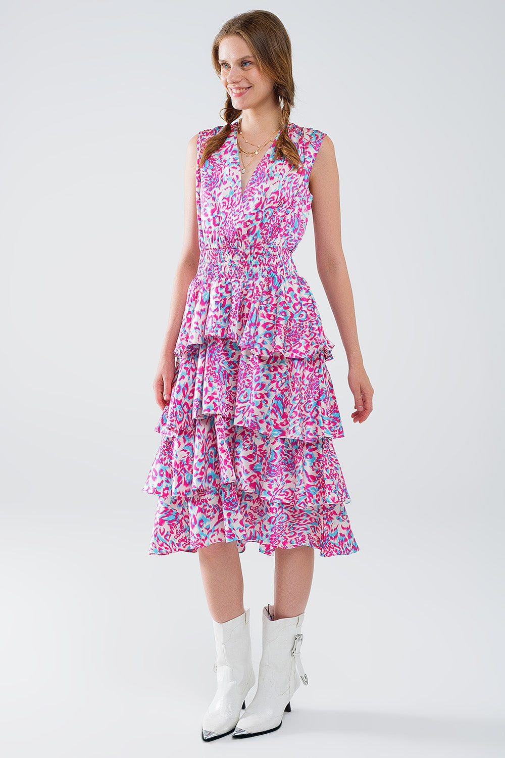 Ruched Midi White Dress With Multicolored Animal Print - dress