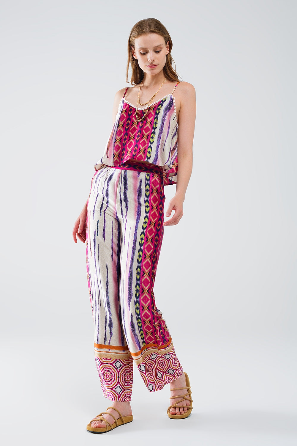 satin Multicolored Sleeveless Top With Abstract Print