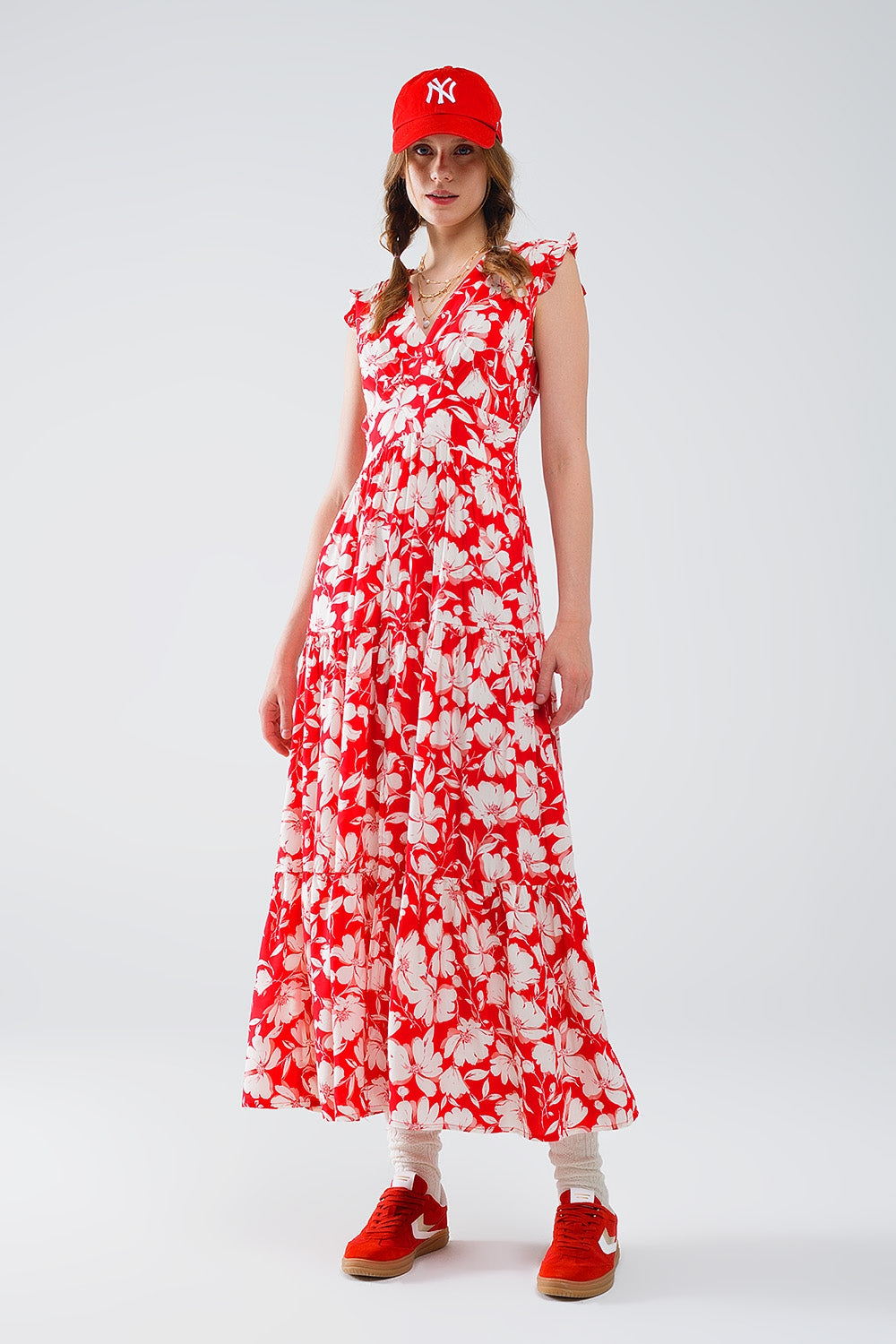 Red maxi dress with floral print and V-neck - dress