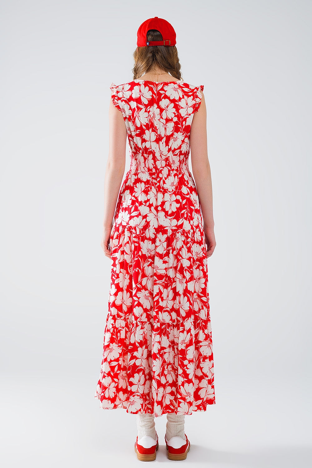 Red maxi dress with floral print and V-neck - dress