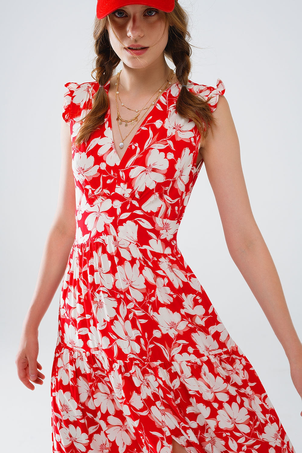 Red maxi dress with floral print and V-neck - dress