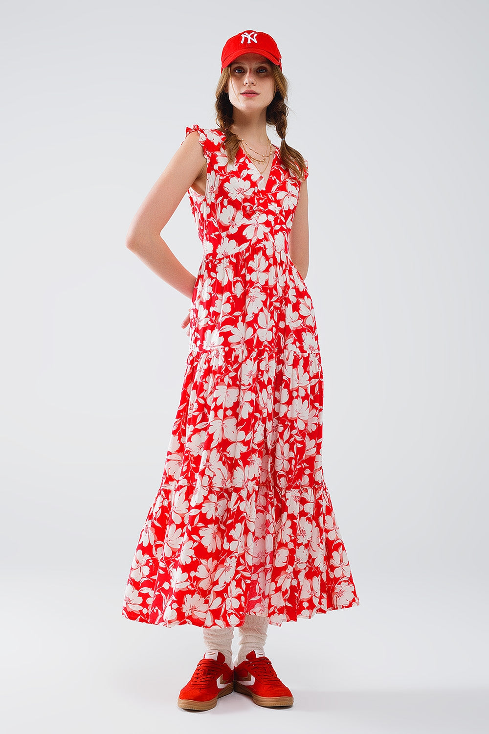 Red maxi dress with floral print and V-neck - dress