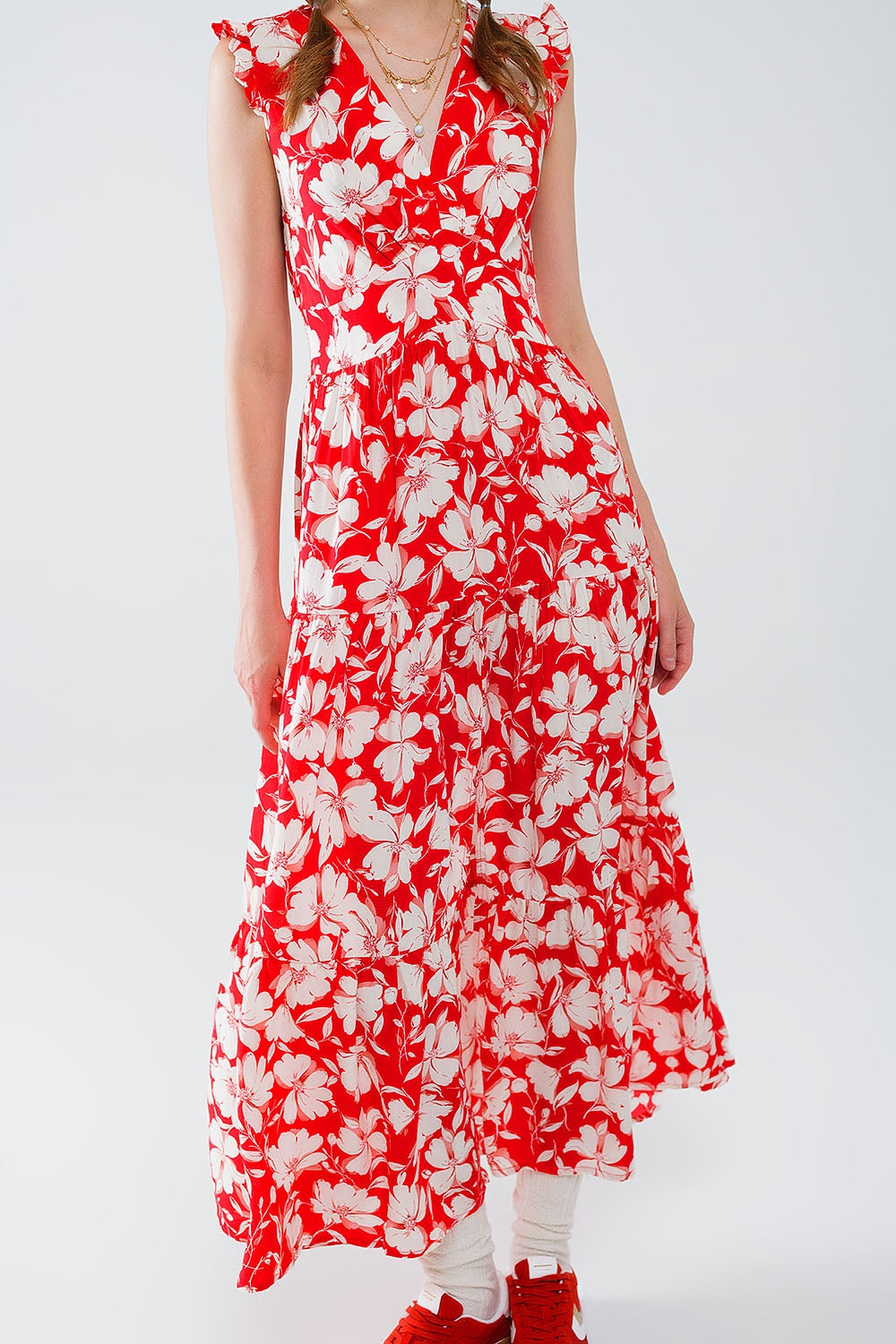 Red maxi dress with floral print and V-neck - dress