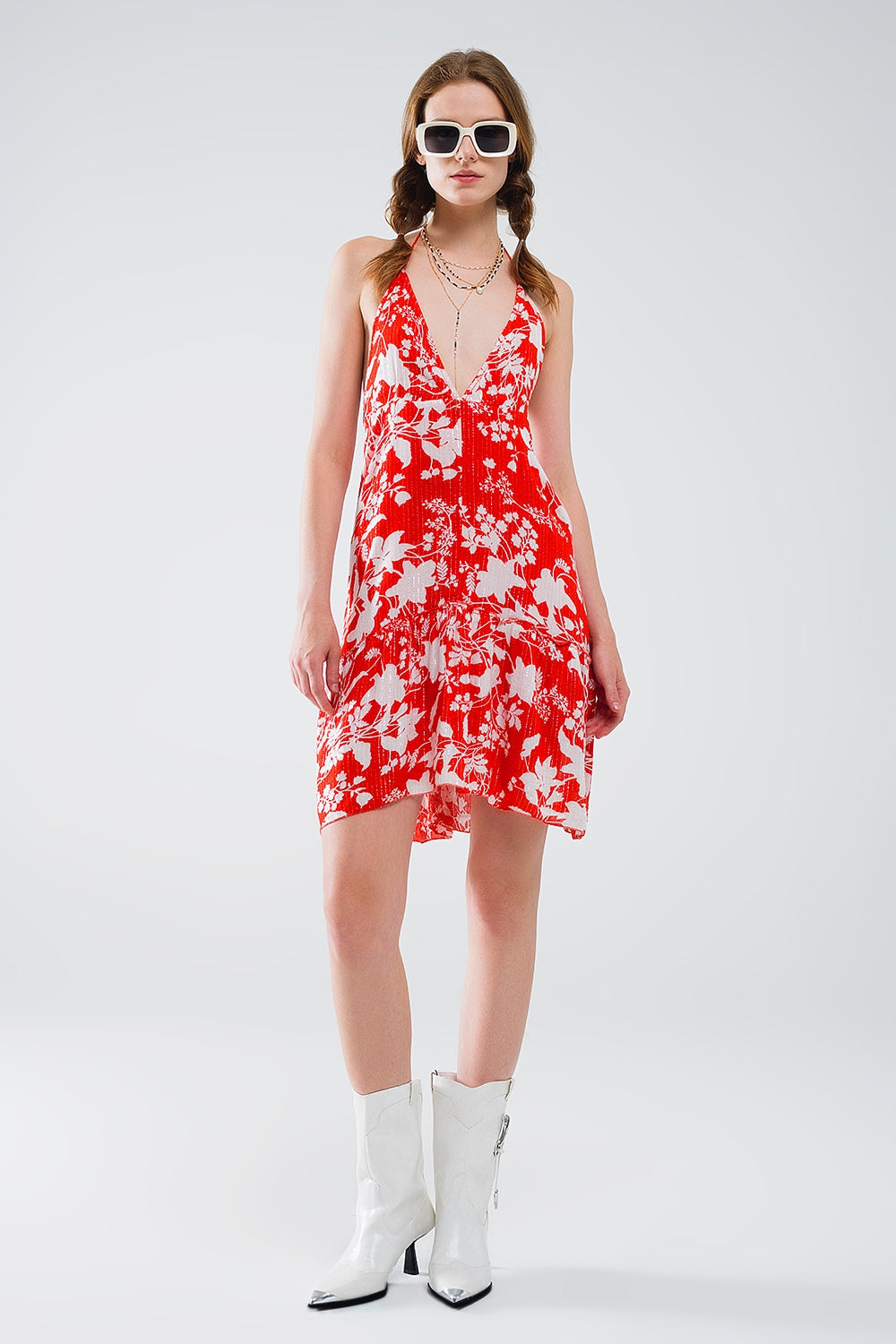 Red Short Boho flower print dress with lurex detail - dress