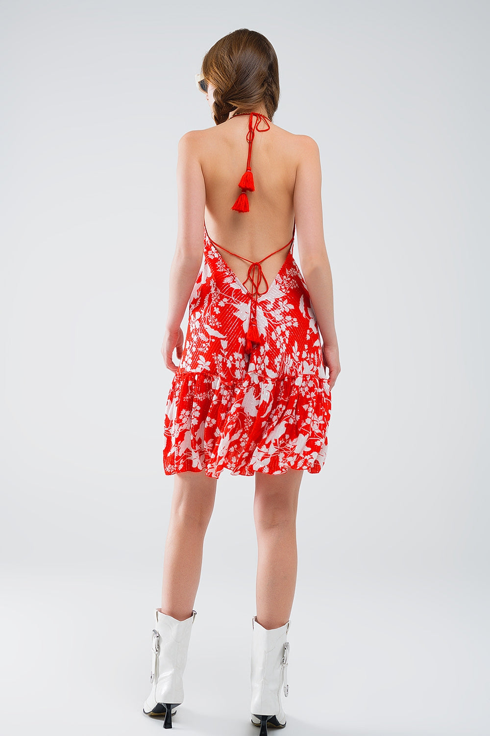 Red Short Boho flower print dress with lurex detail - dress