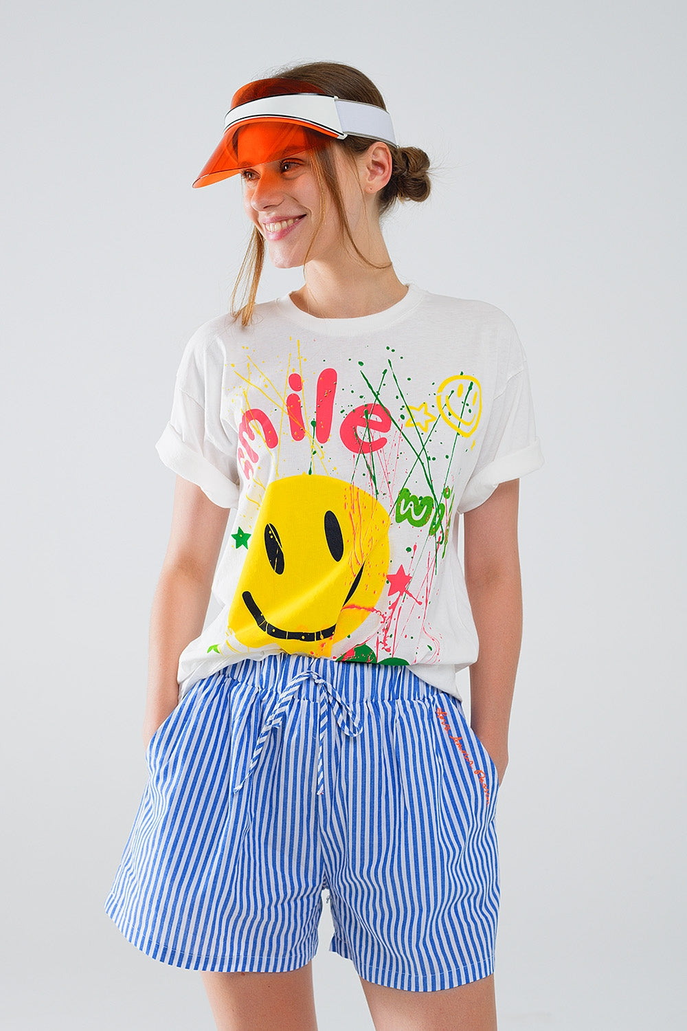 Graphic Smile with me Text T-Shirt in White - top