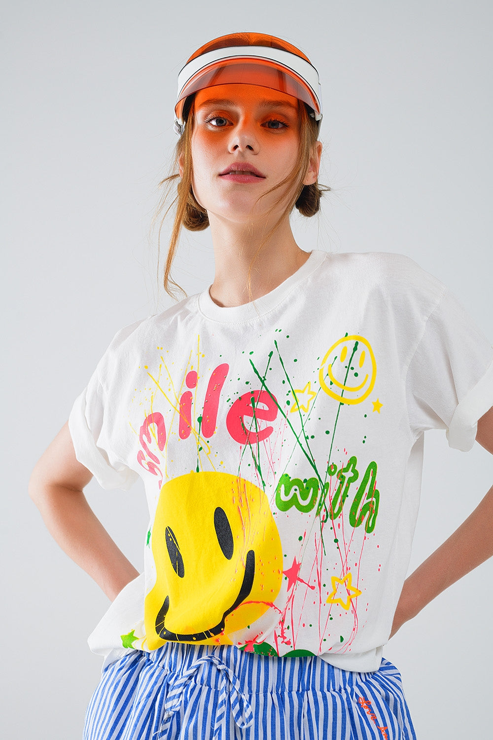 Graphic Smile with me Text T-Shirt in White - top