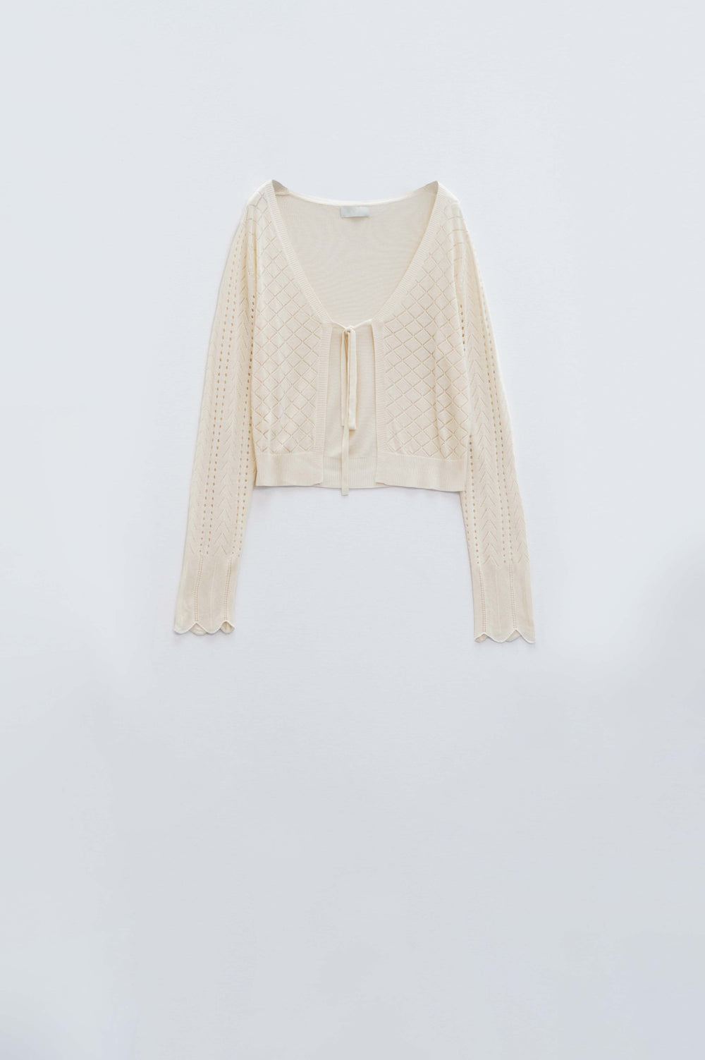 Beige Cardigan with Argyle Print and Tie Closing