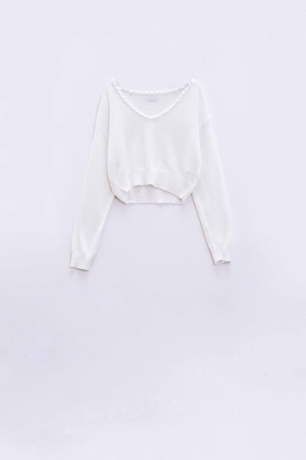 Wide V-neck cream Sweater With Braided Detail