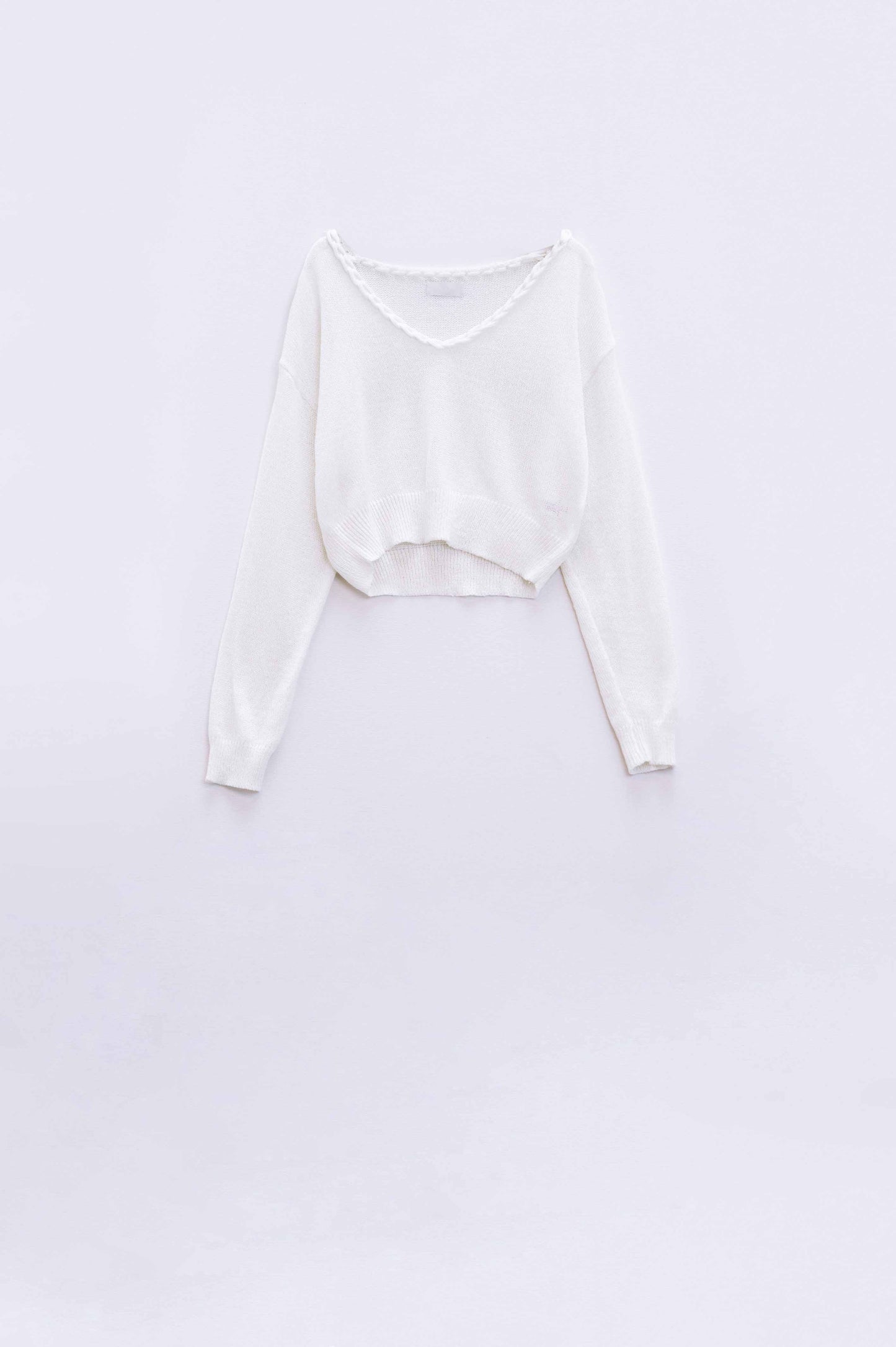 Wide V-neck cream Sweater With Braided Detail