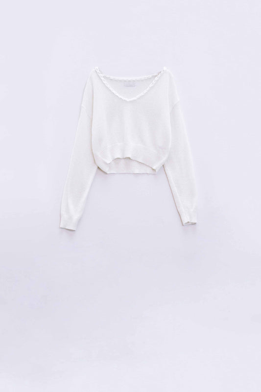 Wide V-neck cream Sweater With Braided Detail