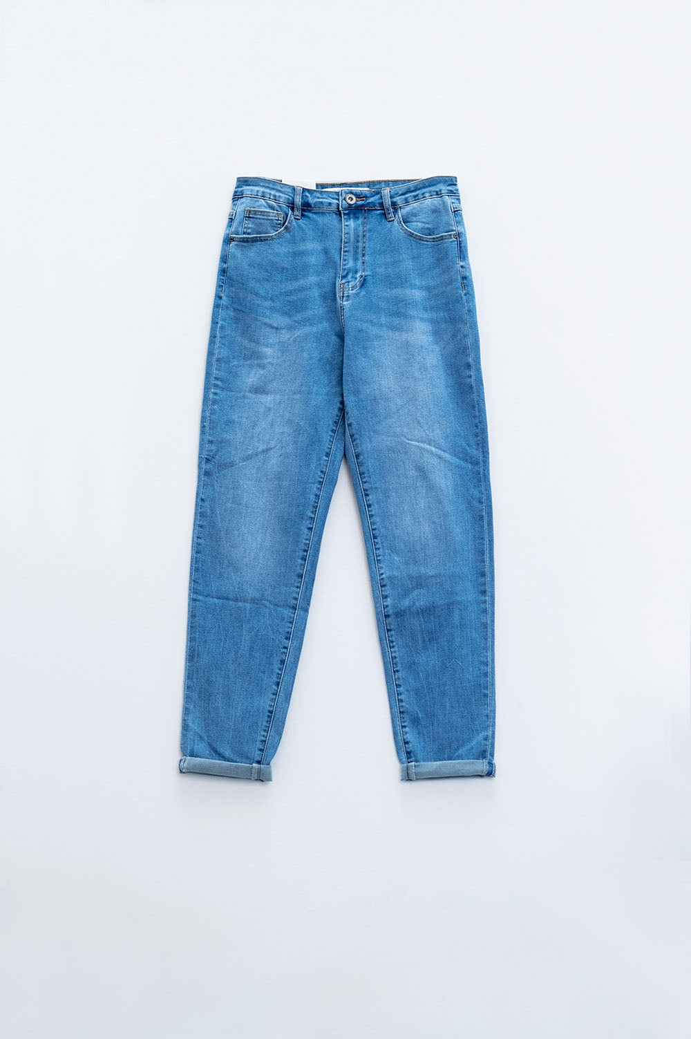 High Waist Mom Jeans In Mid Wash Stretch Denim - Denim