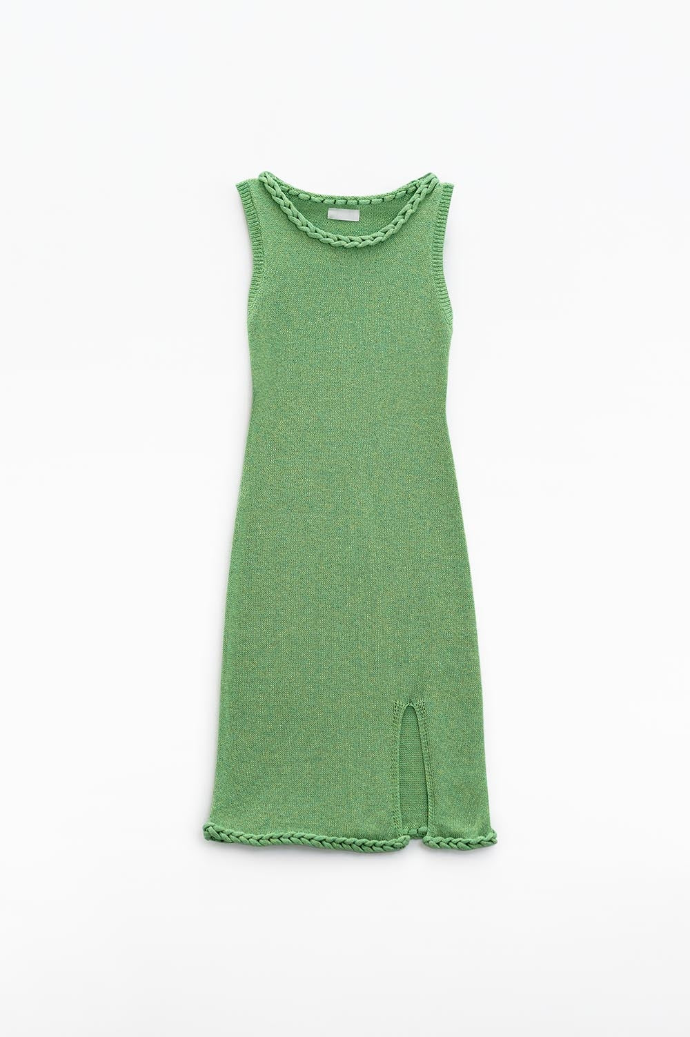 Knitted Midi Dress With Braided Detail in Green - dress