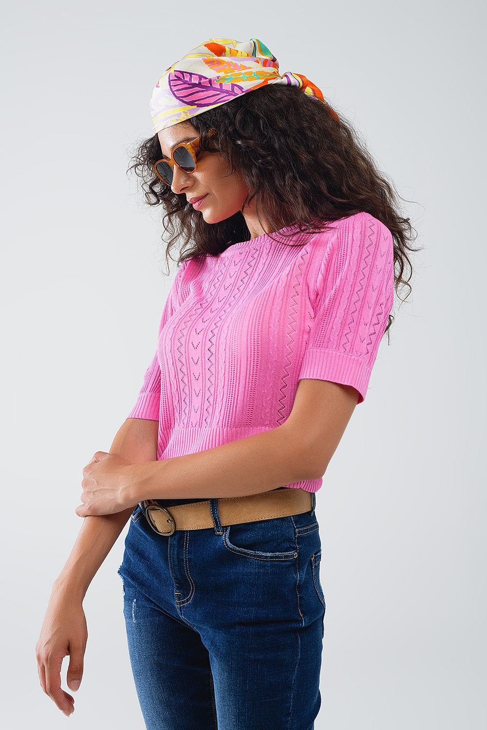 3/4 sleeves fuchsia knit sweater with zig zag stripes details