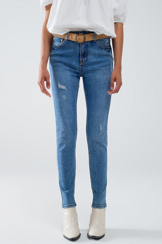 Stretch Denim super Skinny Jeans In MIdwash With Distress Details - Denim