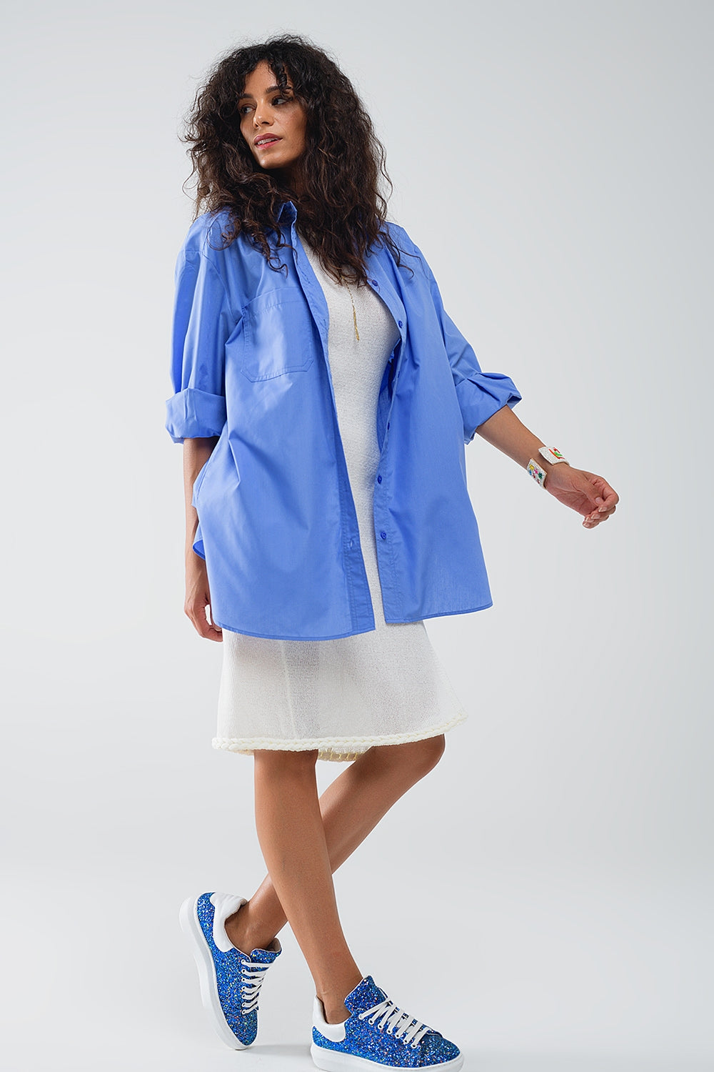 Chemise longue asymétrique coupe oversize bleue