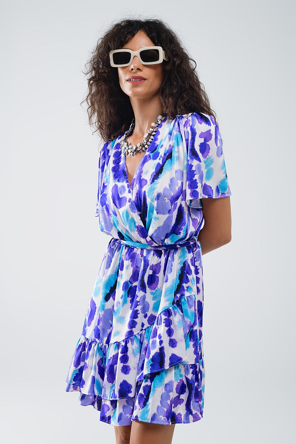 Wrap Short Dress In Blue and Purple Tie-dye - dress