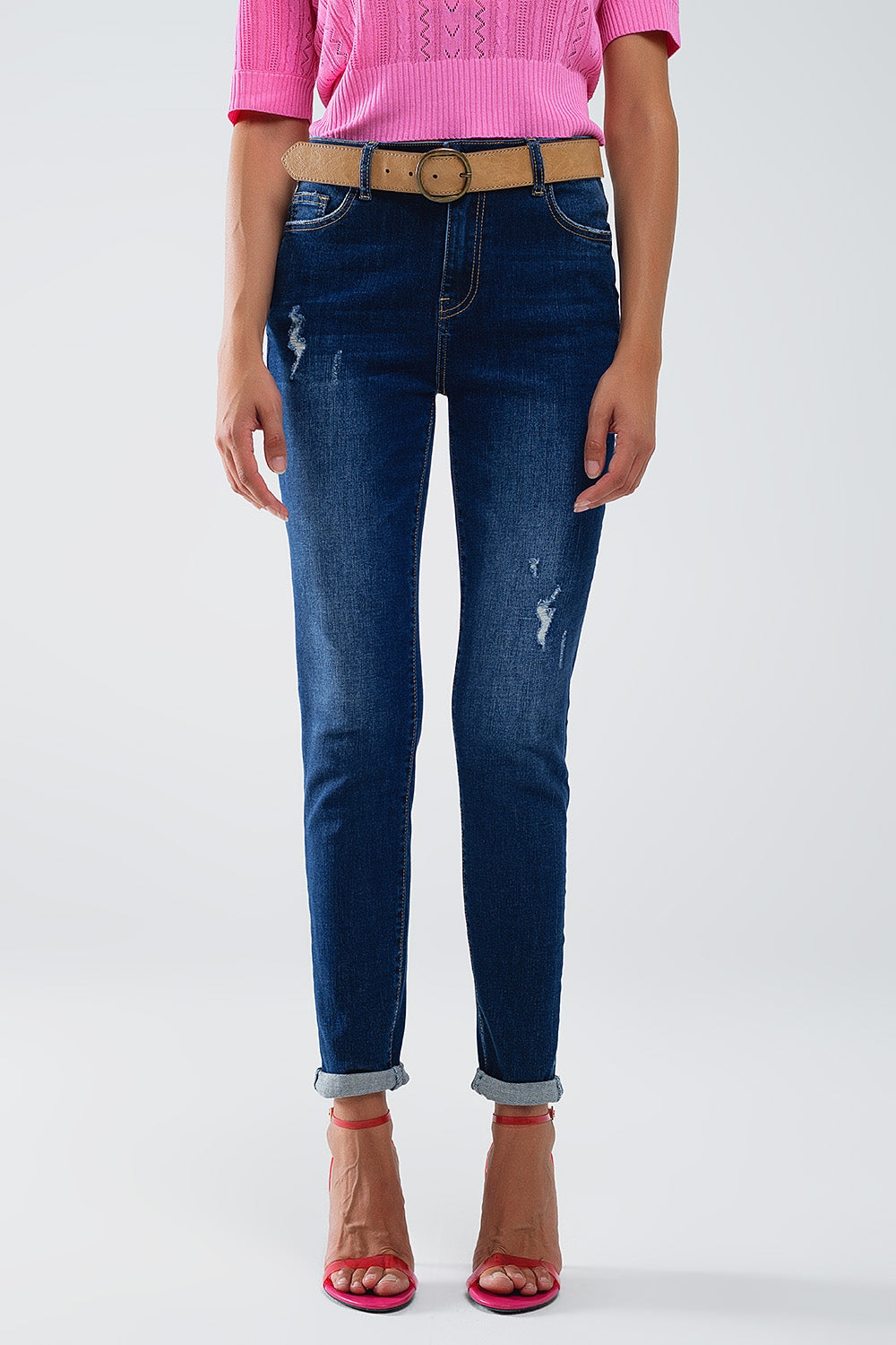 Distressed Dark Wash super Skinny Jeans In Stretch Denim - Denim