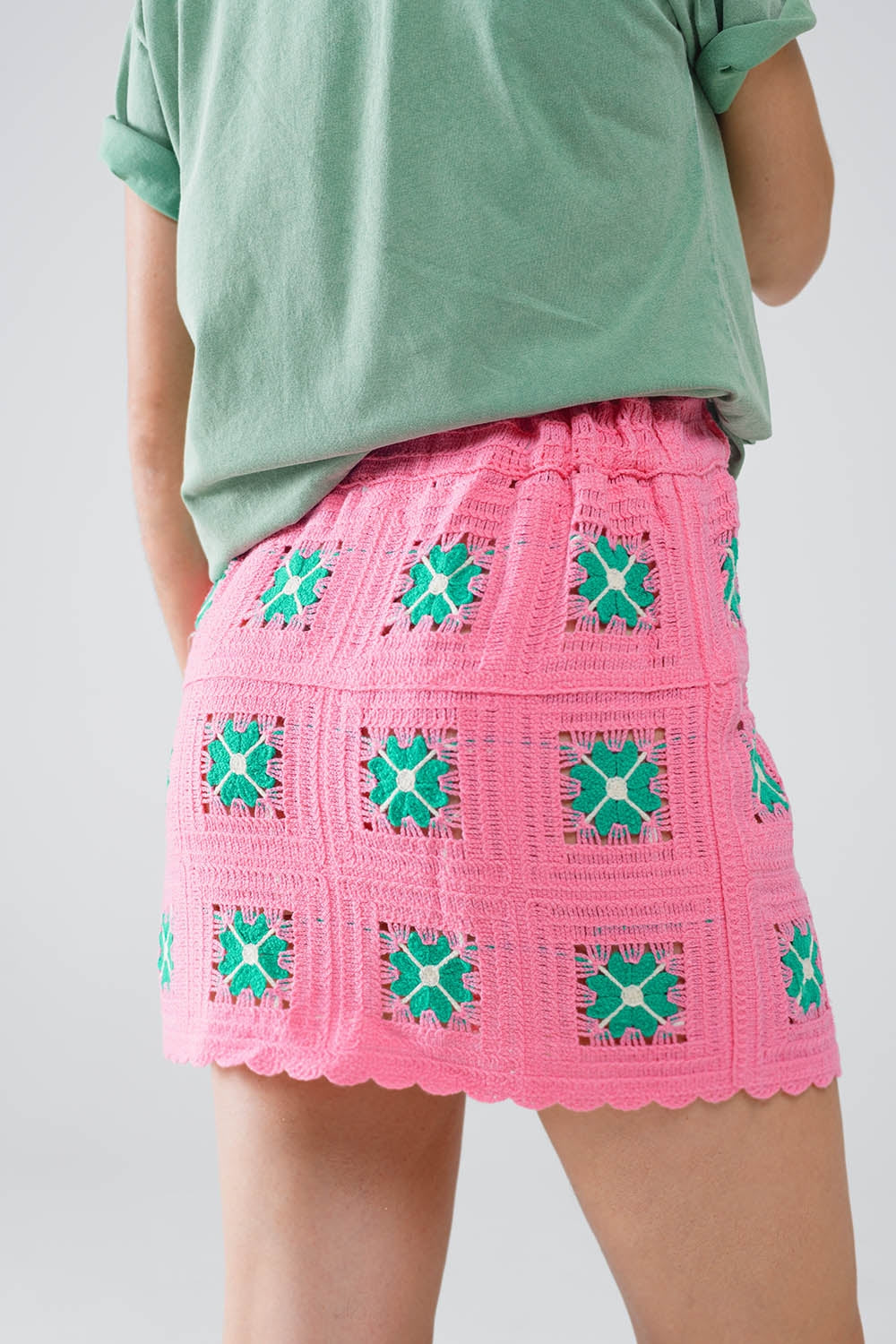 Crochet Mini Skirt in Pink With Turquoise Flowers