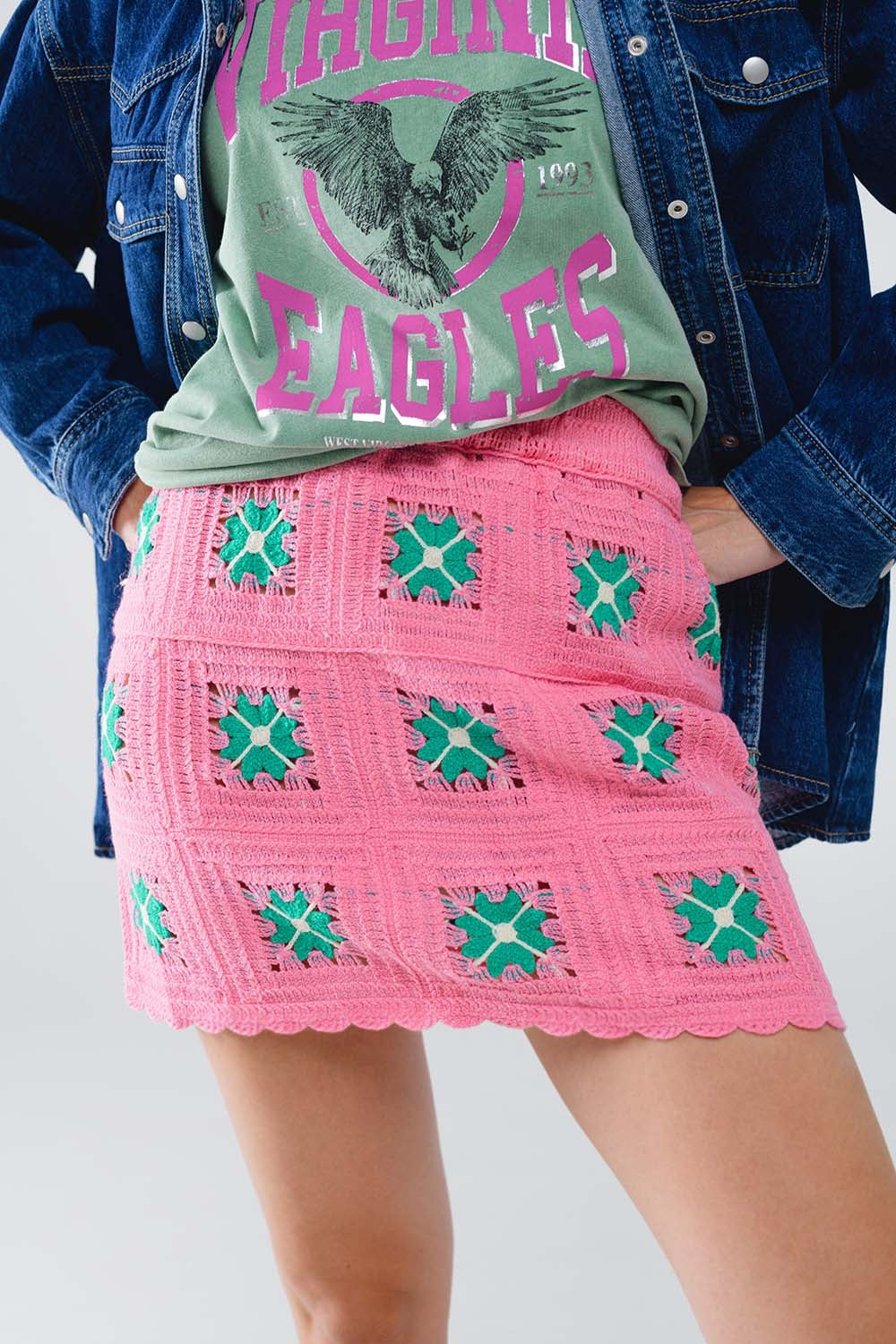 Crochet Mini Skirt in Pink With Turquoise Flowers