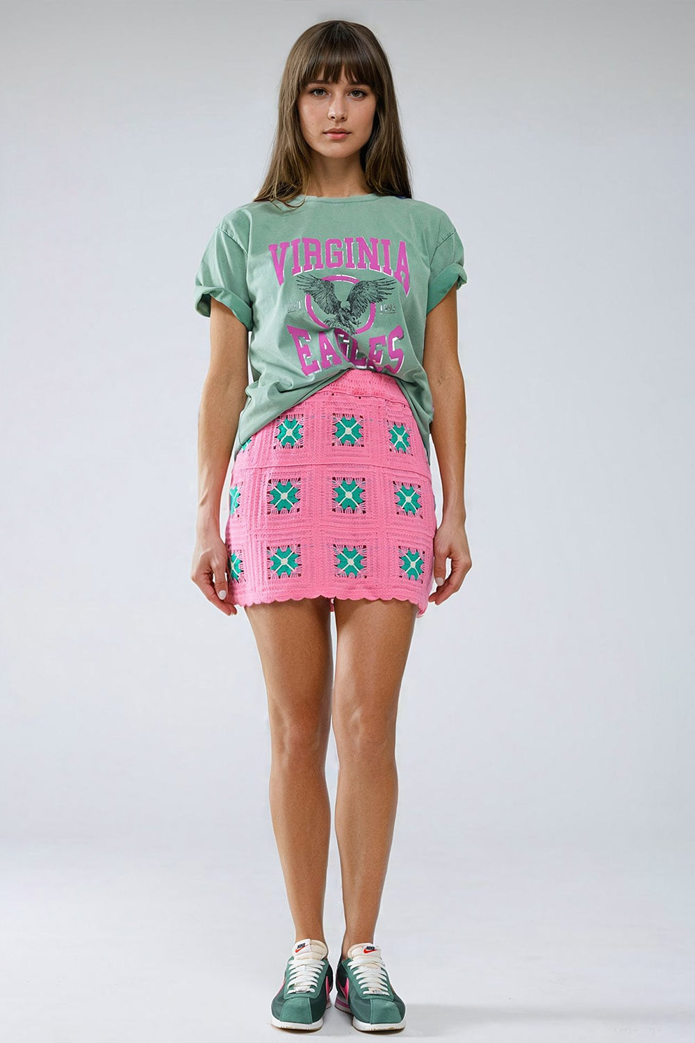 Crochet Mini Skirt in Pink With Turquoise Flowers