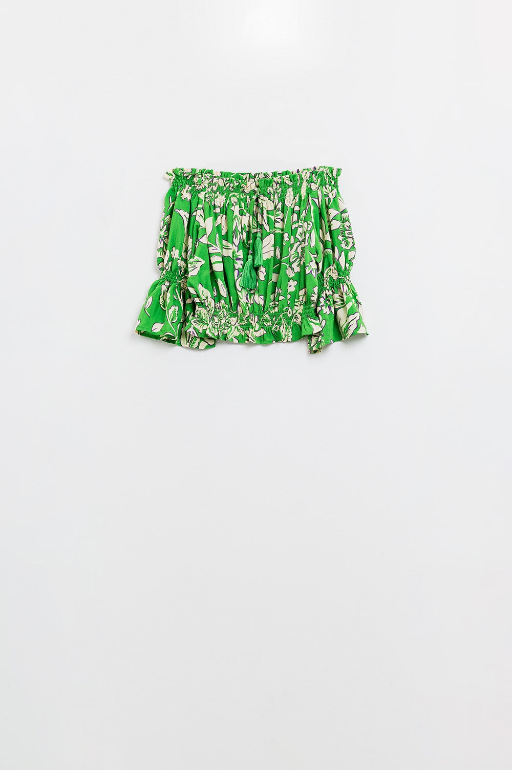 Green Off The Shoulder Top With Elastic Waist in Floral Print - Shirts