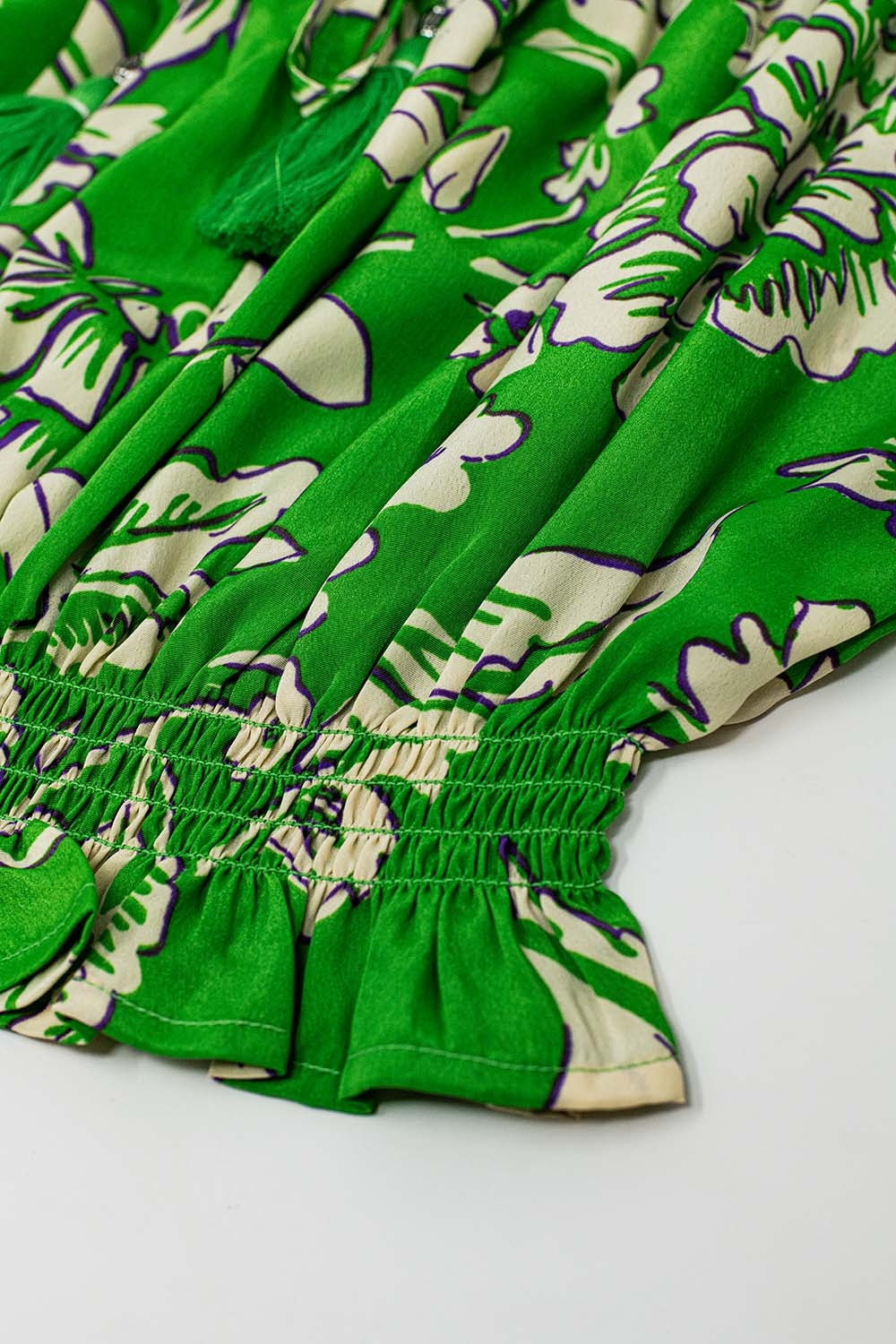 Green Off The Shoulder Top With Elastic Waist in Floral Print - Shirts