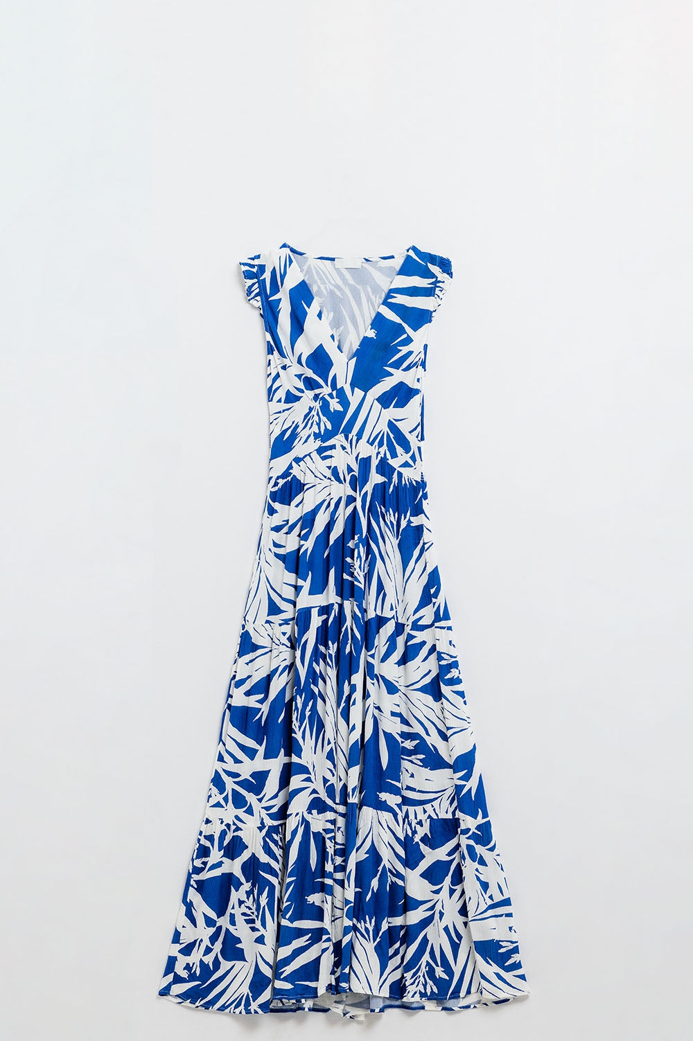 Maxi Tropical Print V-neck Dress With Slit in Blue - dress