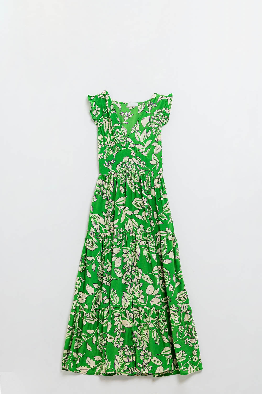 Maxi Cinched Waist Floral Print Dress in Green - dress