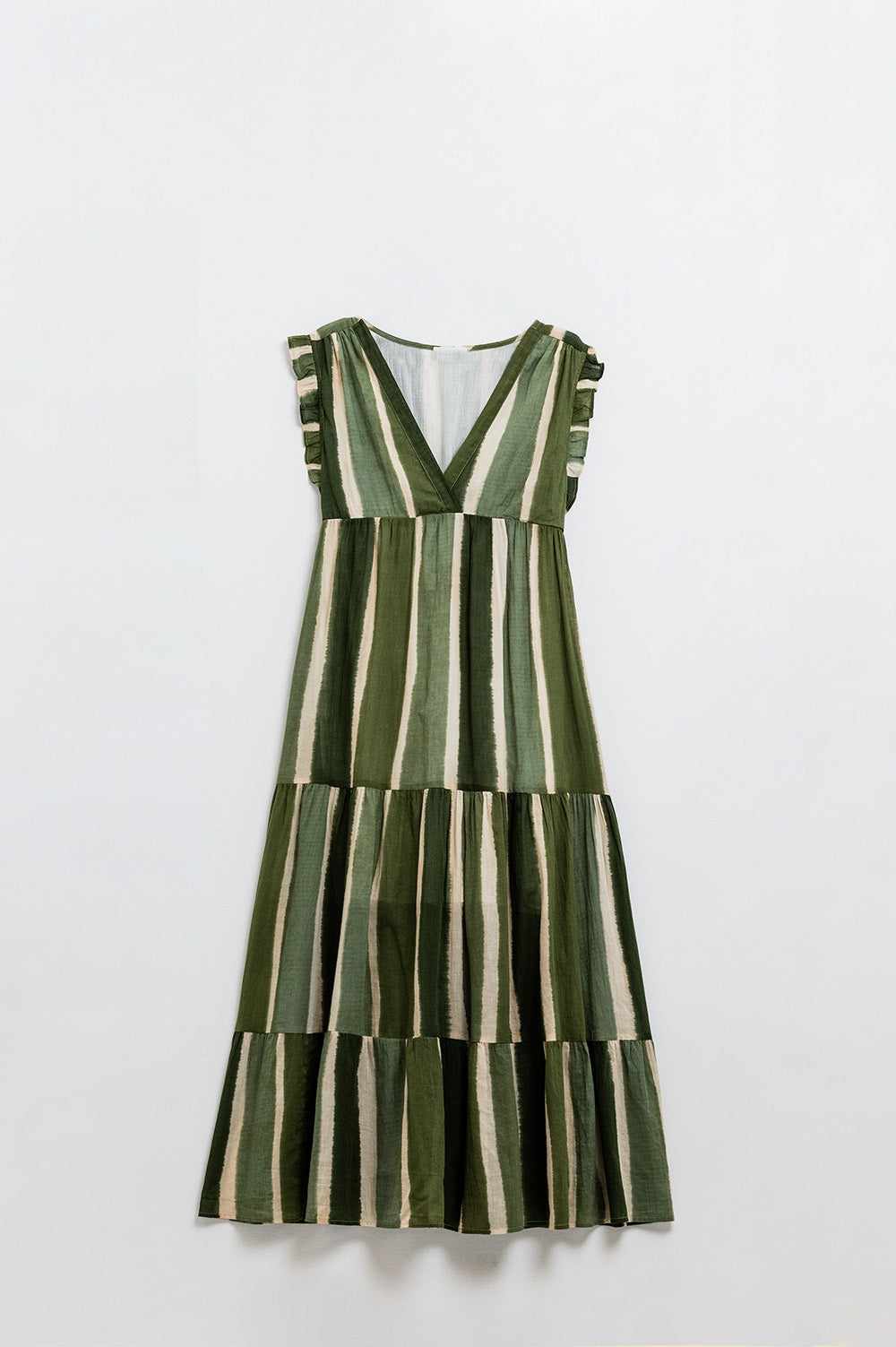 Maxi V-Neck Dress With Tiered Skirt In Striped Tie-dye Green - dress