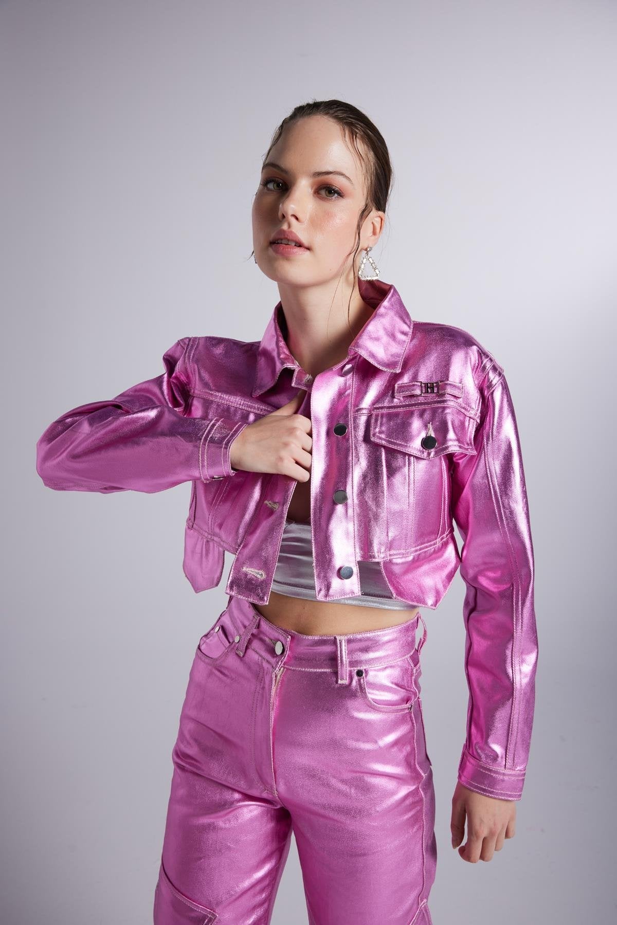 Metallic Pink Glossy Millen Cropped Jacket - Jackets & Blazers