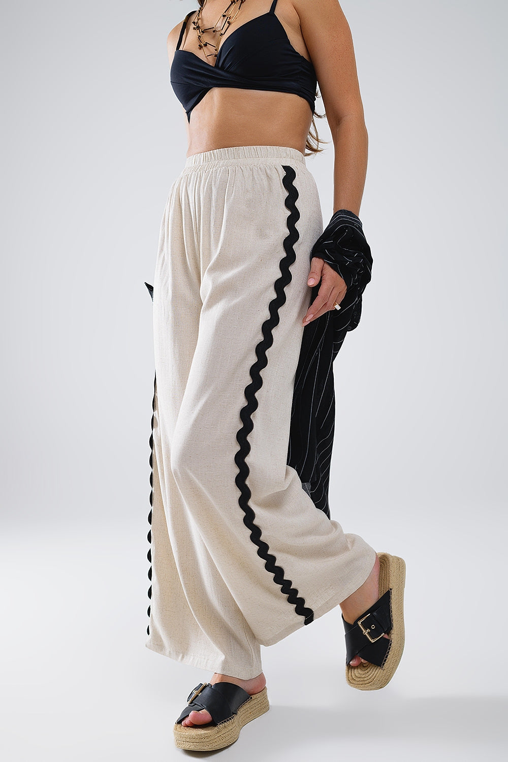 Linen Contrast Scallop Trim Pants in Beige - trousers