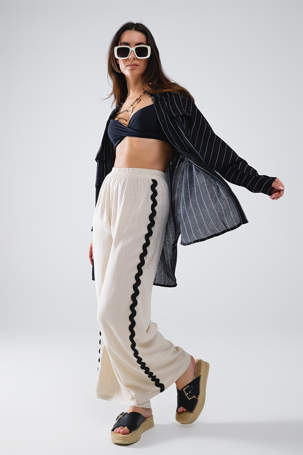 Linen Contrast Scallop Trim Pants in Beige - trousers