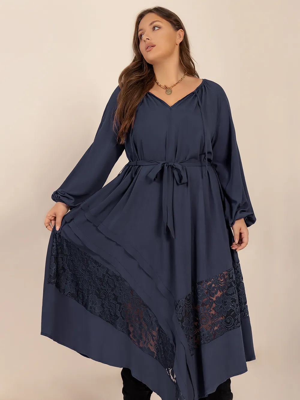 Plus Size Lace Detail Tie Neck Long Sleeve Midi Dress -