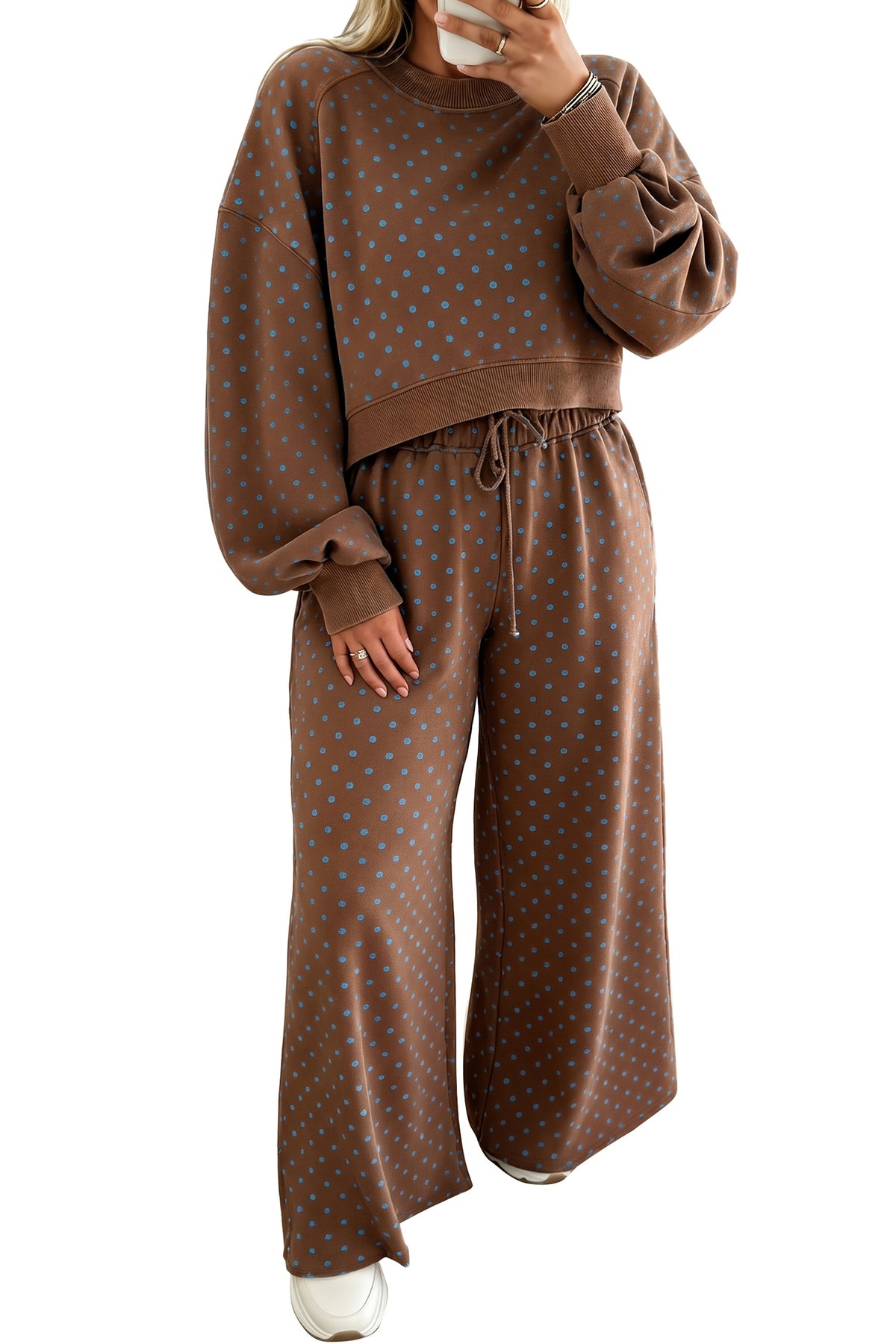 Brown Polka Dot Round Neck Long Sleeve Plus Size Set