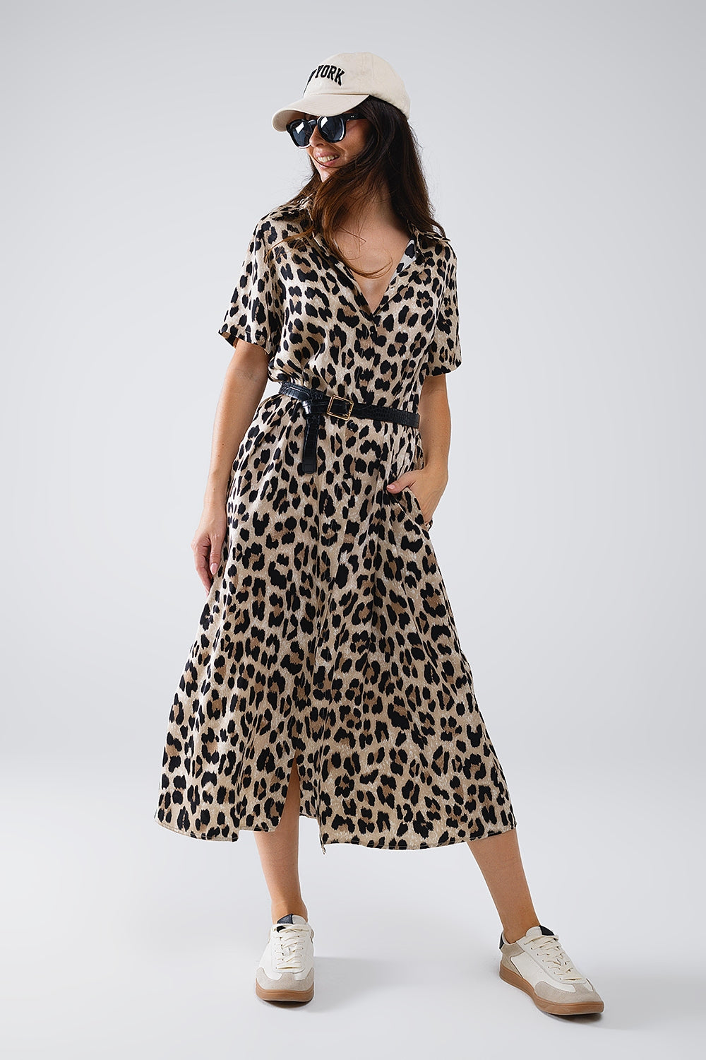 Short Sleeve Shirt Midi Dress With Belt In Leopard Print - dress
