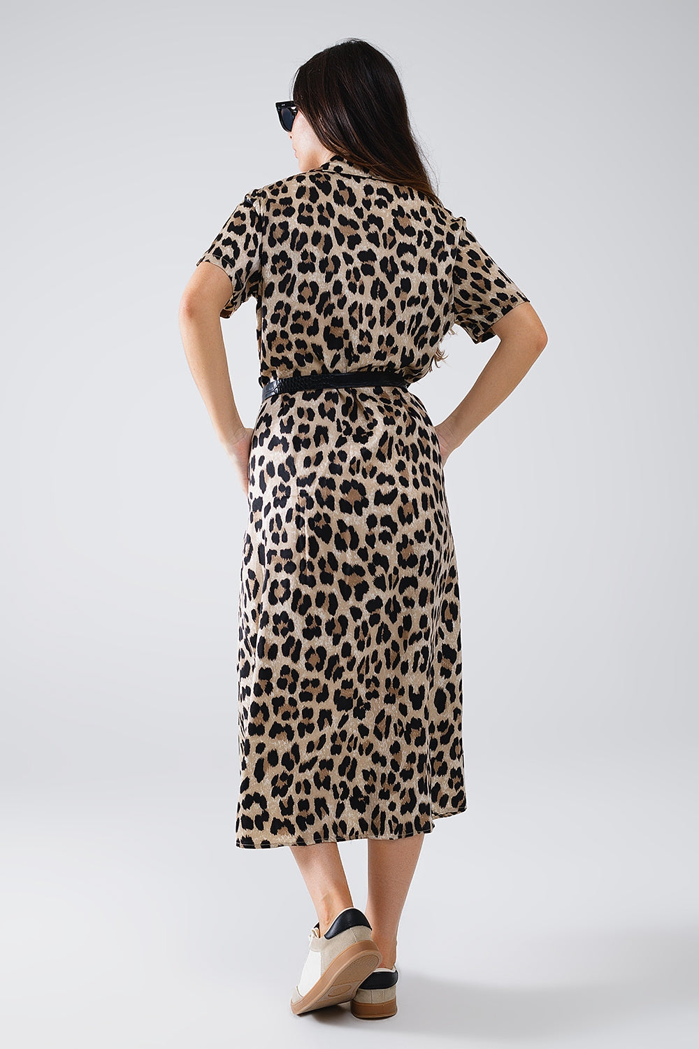 Short Sleeve Shirt Midi Dress With Belt In Leopard Print - dress